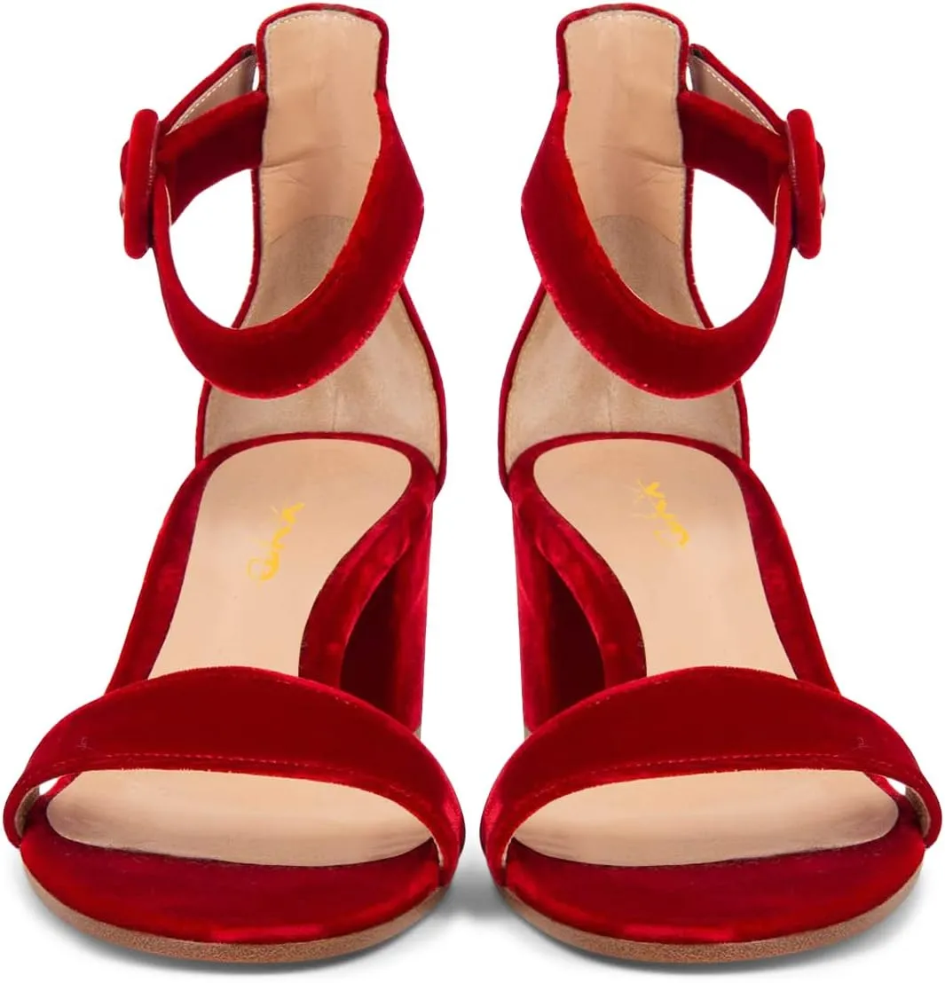 XYD Women Girls Velvet Open Toe Strappy Mid Block Heel Sandal Pumps Ankle Strap with Buckle Summer Daily Dress Shoes