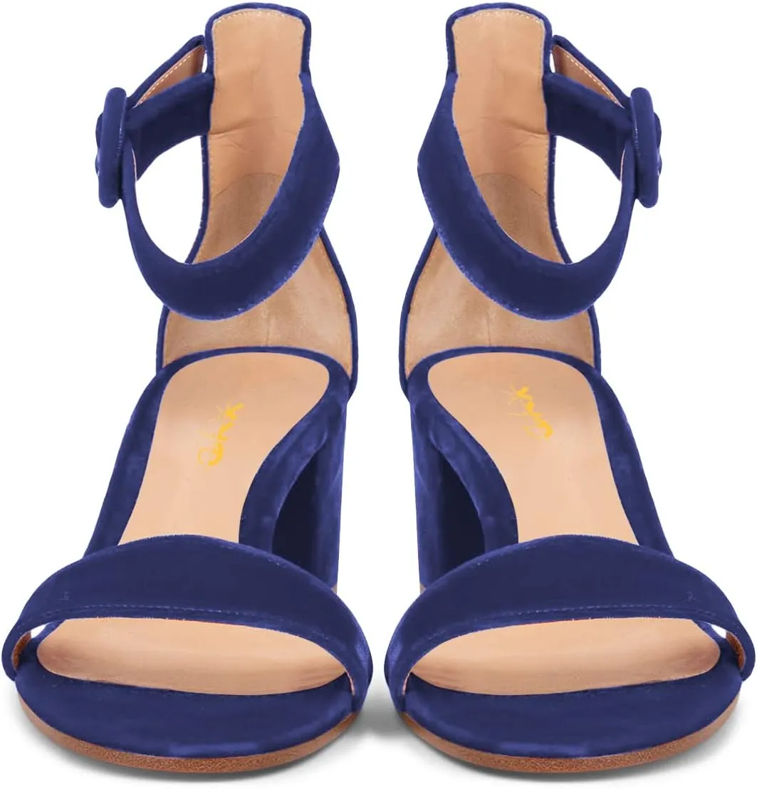 XYD Women Girls Velvet Open Toe Strappy Mid Block Heel Sandal Pumps Ankle Strap with Buckle Summer Daily Dress Shoes