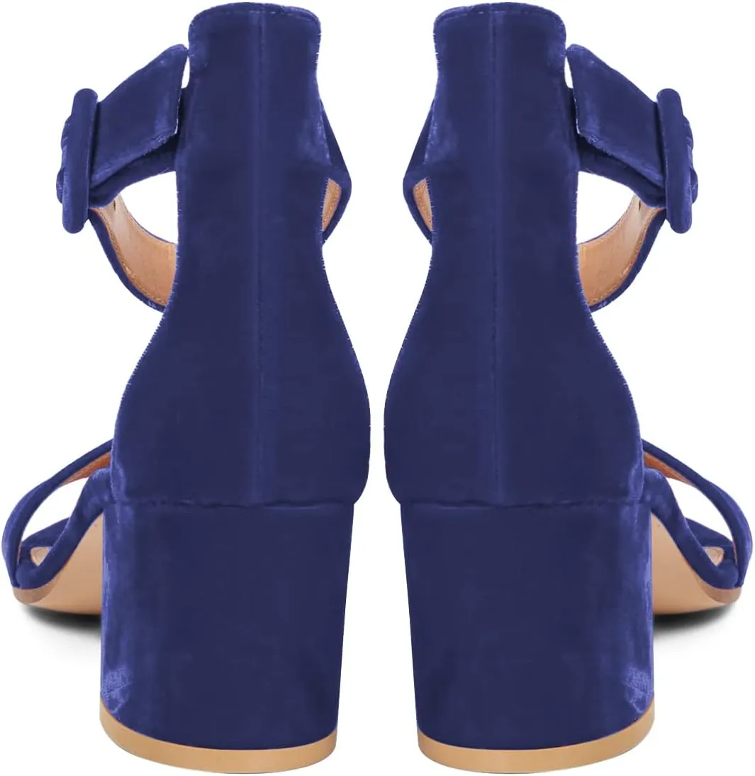 XYD Women Girls Velvet Open Toe Strappy Mid Block Heel Sandal Pumps Ankle Strap with Buckle Summer Daily Dress Shoes