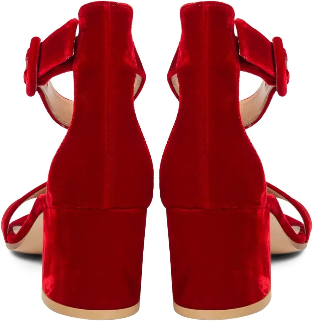 XYD Women Girls Velvet Open Toe Strappy Mid Block Heel Sandal Pumps Ankle Strap with Buckle Summer Daily Dress Shoes