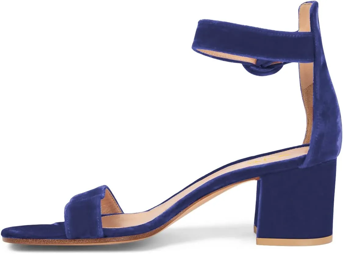 XYD Women Girls Velvet Open Toe Strappy Mid Block Heel Sandal Pumps Ankle Strap with Buckle Summer Daily Dress Shoes