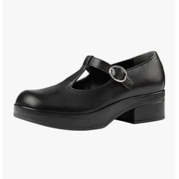 YDN Black T-Strap Pumps Platforms Loafer Round Toe Low Block Heel Mary Jane Shoe