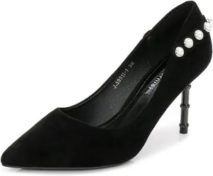 YHTootW Women's Classic Suede Pointed Toe Slim Slip on Stiletto High Heel Pumps Ladies Shallow Mouth Rhinestones Bridal Dress Red Shoes 3.1 Inch Heels