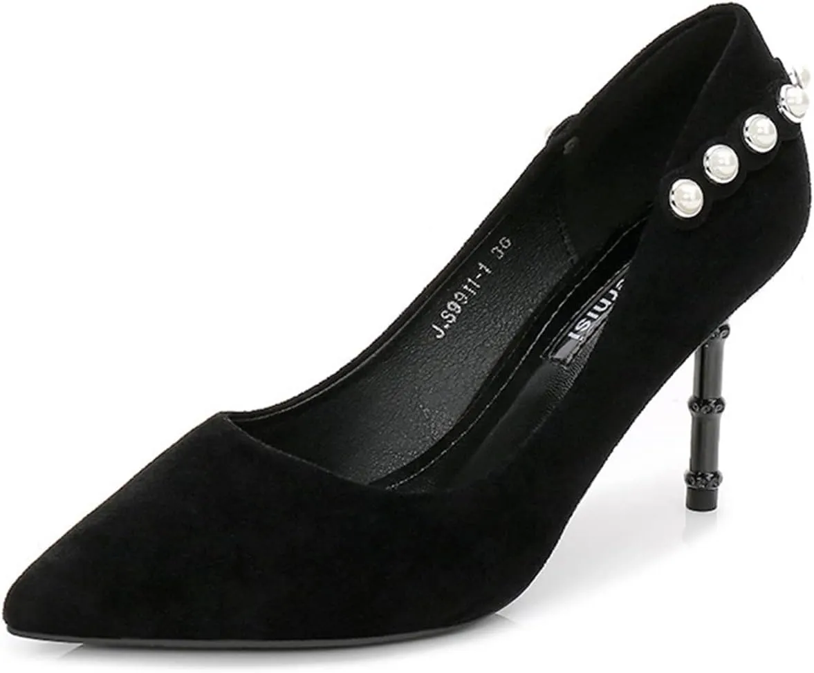 YHTootW Women's Classic Suede Pointed Toe Slim Slip on Stiletto High Heel Pumps Ladies Shallow Mouth Rhinestones Bridal Dress Red Shoes 3.1 Inch Heels