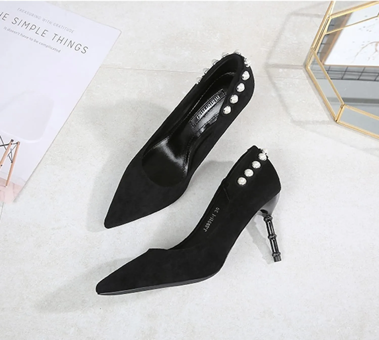 YHTootW Women's Classic Suede Pointed Toe Slim Slip on Stiletto High Heel Pumps Ladies Shallow Mouth Rhinestones Bridal Dress Red Shoes 3.1 Inch Heels