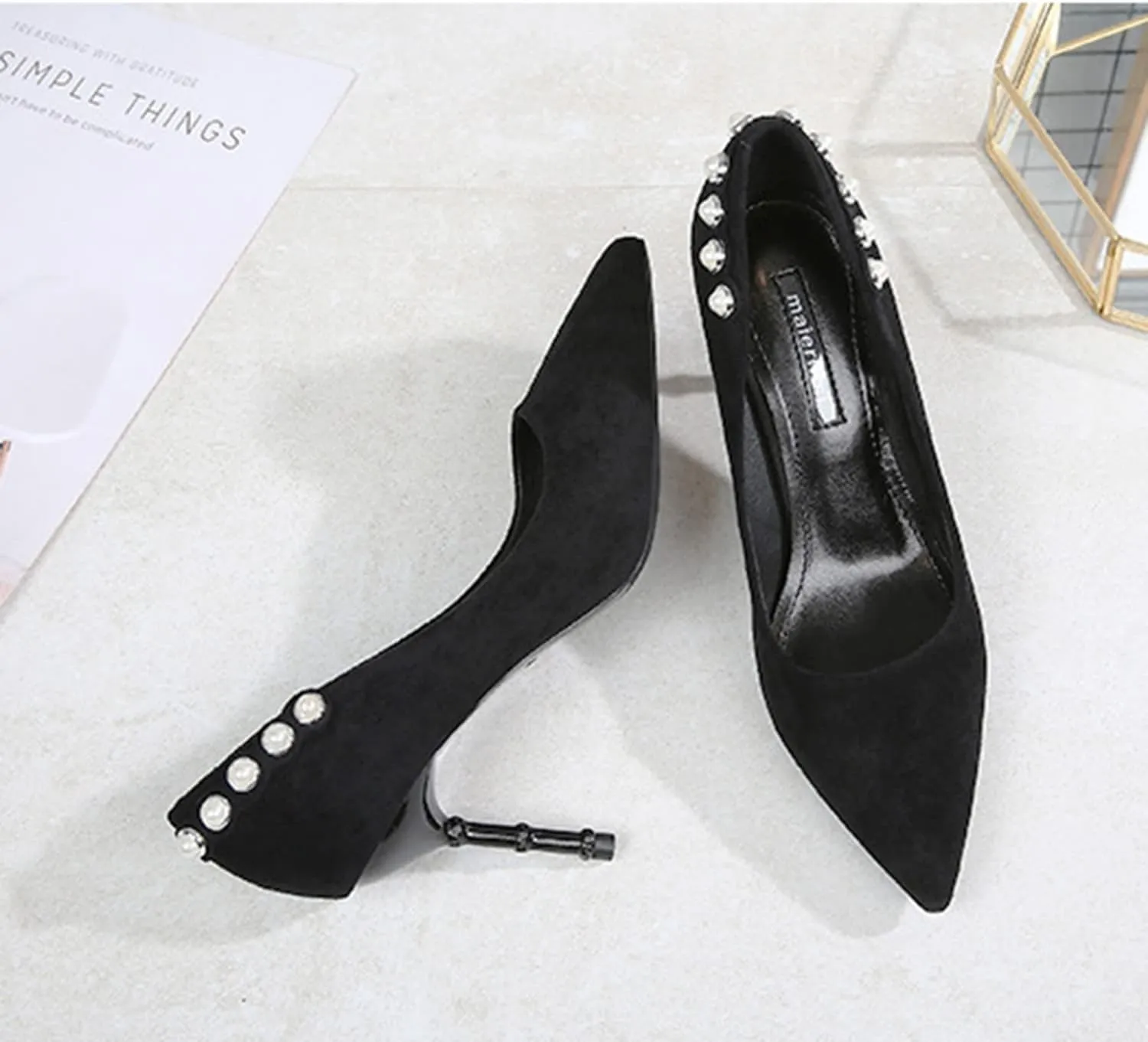 YHTootW Women's Classic Suede Pointed Toe Slim Slip on Stiletto High Heel Pumps Ladies Shallow Mouth Rhinestones Bridal Dress Red Shoes 3.1 Inch Heels