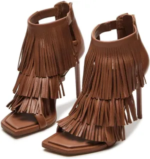 Zszszsu Women's Tassels Fringed Strappy Sandals Open Square Toe Stiletto High Heels Ankle Strap Back Zipper Fashion Sandal Shoes Size 4-16 US
