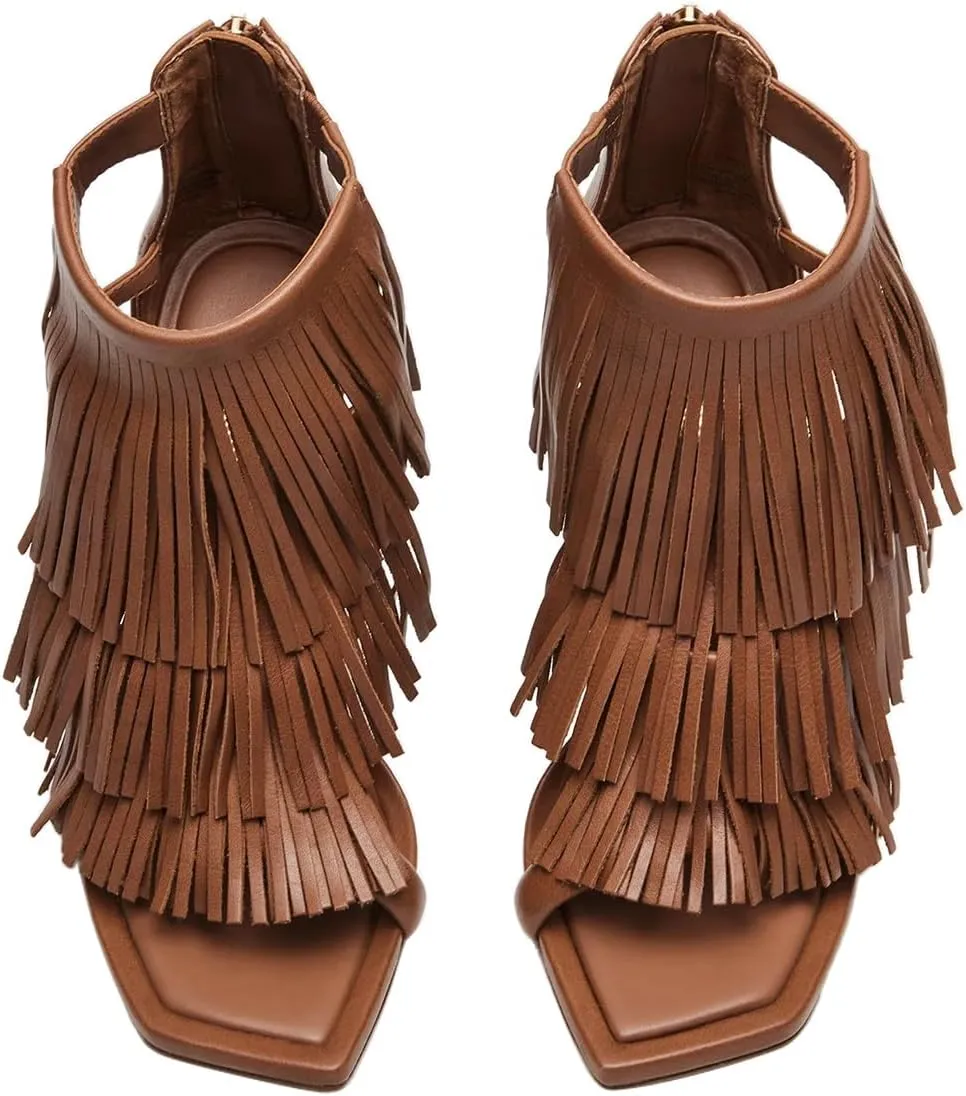 Zszszsu Women's Tassels Fringed Strappy Sandals Open Square Toe Stiletto High Heels Ankle Strap Back Zipper Fashion Sandal Shoes Size 4-16 US
