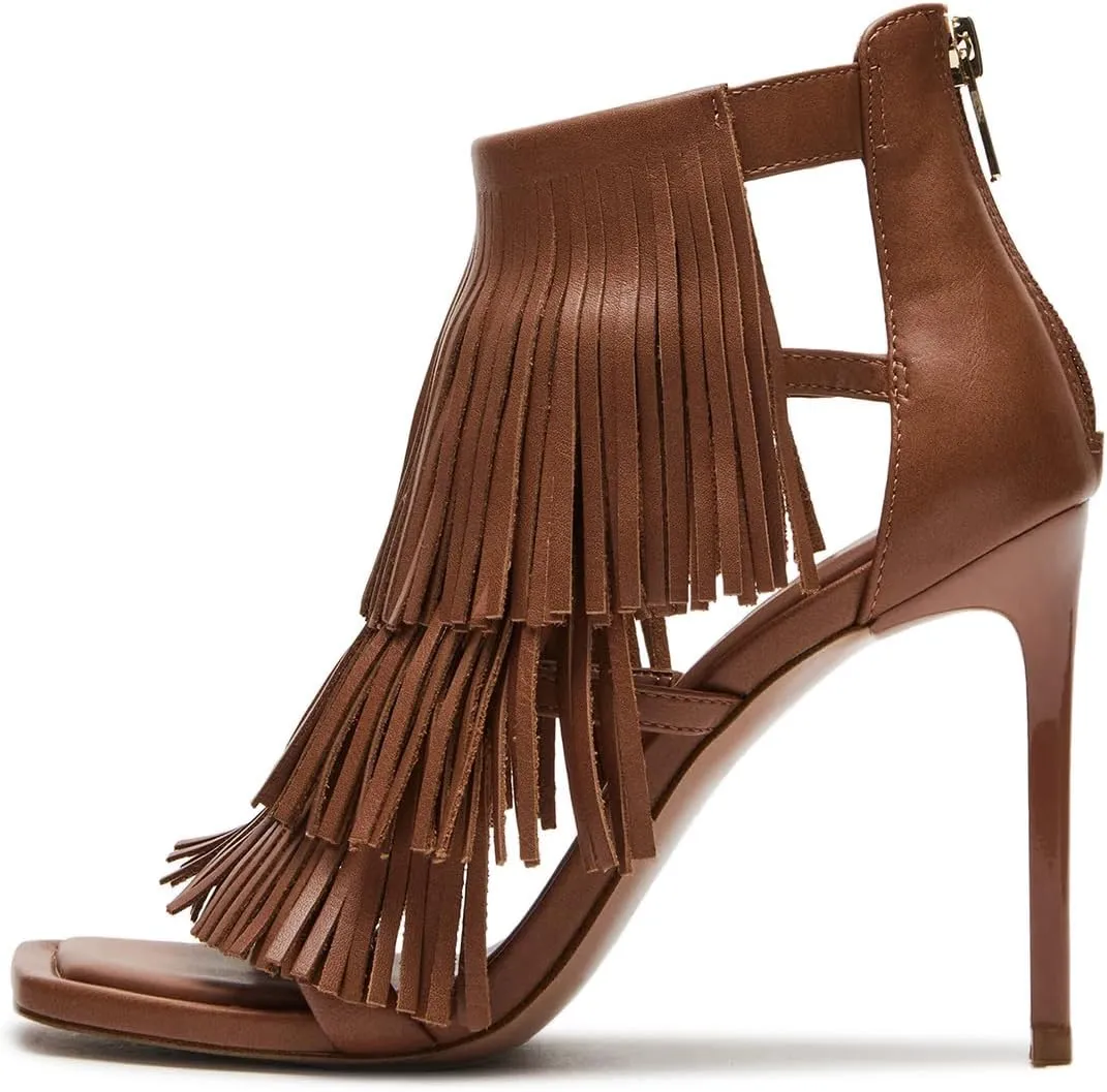 Zszszsu Women's Tassels Fringed Strappy Sandals Open Square Toe Stiletto High Heels Ankle Strap Back Zipper Fashion Sandal Shoes Size 4-16 US