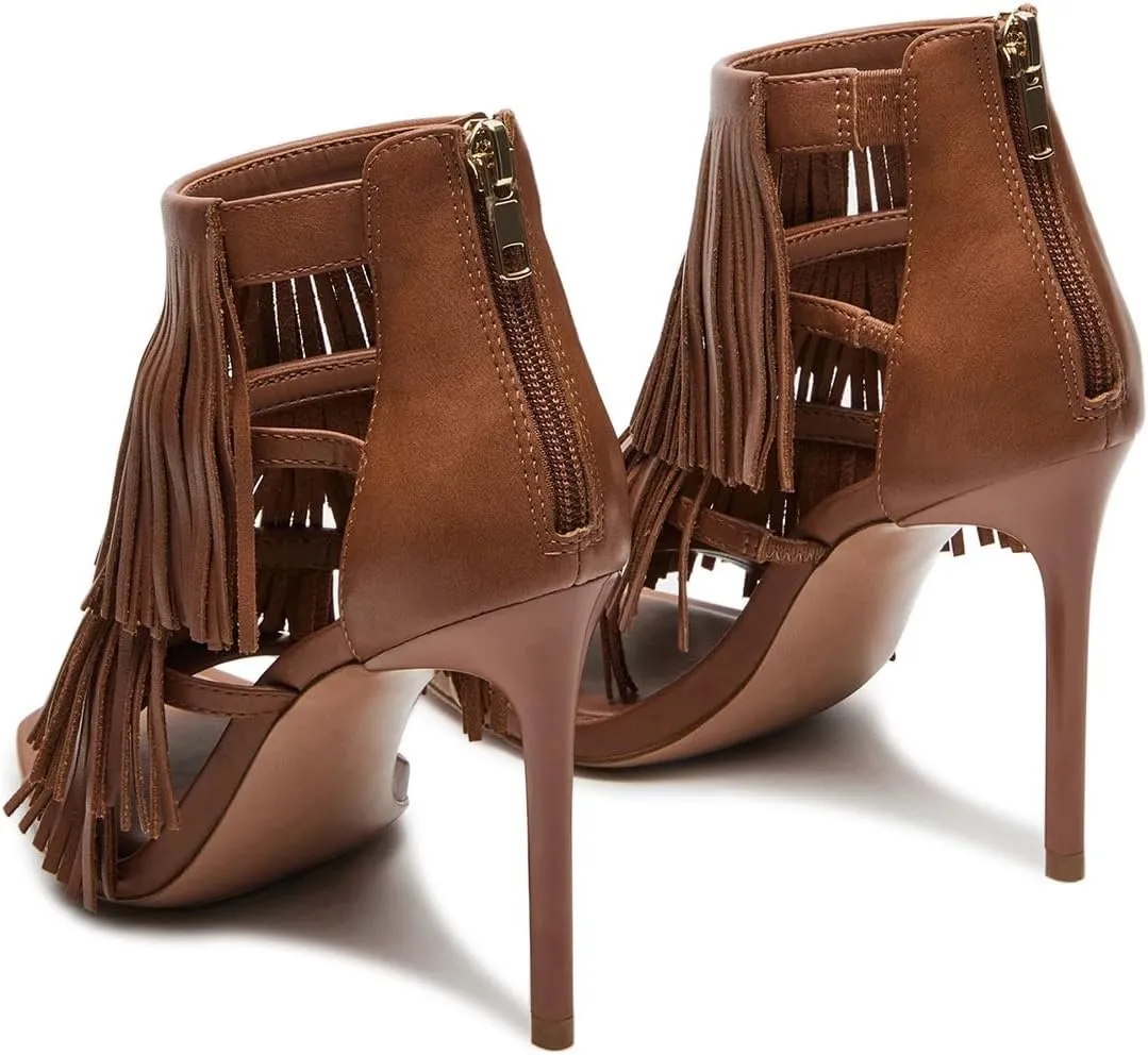 Zszszsu Women's Tassels Fringed Strappy Sandals Open Square Toe Stiletto High Heels Ankle Strap Back Zipper Fashion Sandal Shoes Size 4-16 US